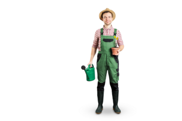 Happy gardener with a watering can and a flower pot