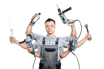 Funny craftsman with 6 arms and tools - on transparent background - obrazy, fototapety, plakaty