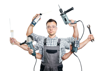 Funny craftsman with 6 arms and tools - on transparent background