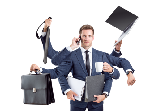 Busy businessman with many arms and office tools - Powered by Adobe