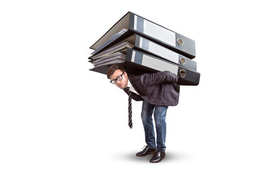 Businessman burdened by a large stack of folders on the back
