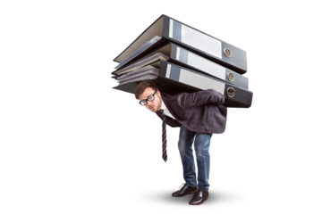 Businessman burdened by a large stack of folders on the back