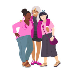 Breast cancer awareness. Three women diffrent nationalities. Vector illustration of breast cancer. Breast Cancer Awareness October. Silk ribbons and friendship.