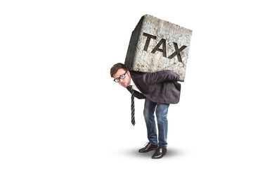 Businessman carrying a heavy stone with the word TAX on it - obrazy, fototapety, plakaty