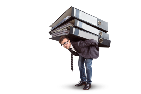 Businessman burdened by a large stack of folders on the back