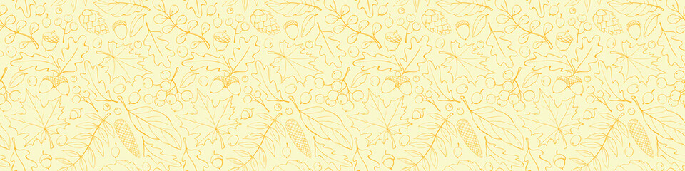 Seamless pattern falling leaves, acorns, berries, cones. Vector light autumn texture isolated on yellow, brown outline. Concept of forest, leaf fall, nature, thanksgiving