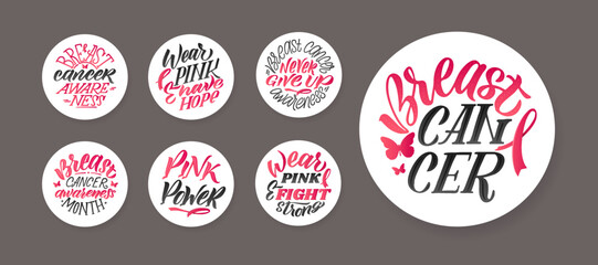 Breast Cancer Awareness Design Set. Pink Round Badges. Creative Pink And White Round Design, Motivational Banner