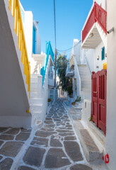 Narrow Street in the Old Town of Mkyonos With Colorful Stairs