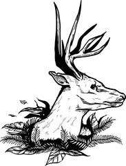 A deer in the jungle in vectors art black and white tattoo