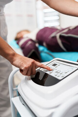 Pressotherapy Cellulite reduction suit. Lymphatic drainage weight loss. Modern technology treatment for health body and beauty improvement.