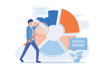 Statistical analysis magnifying glass analyzing data. Circular diagram with colorful segments. Statistics, audit, research. flat design modern illustration