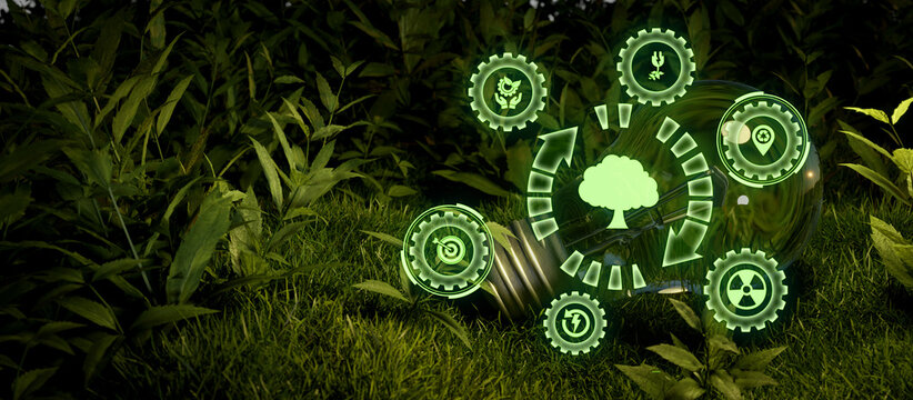 Ecosystem and digital technology concept lightbulb green Renewable, sustainable energy sources concept 3D Illustration