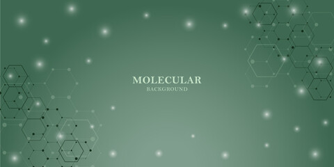 Abstract hexagonal molecular structures in technology background and scientific style. Connected lines and dots, molecules, DNA on a green background. Medical design. Vector illustration.