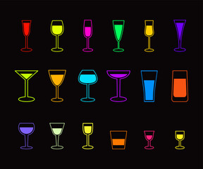 Neon colored different glasses of cocktails, alcohol drink, champagne Line icon set Vector illustration Isolated on black background