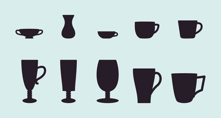 Glasses of hot or cold drink Tea and coffee black icon set Vector illustration Isolated