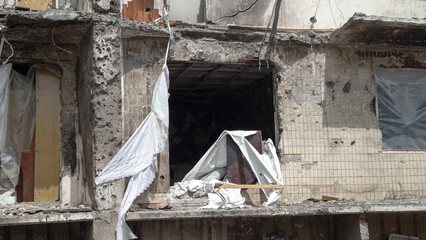 A destroyed residential building in Ukraine after the attack of the Russian army