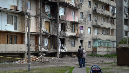 A destroyed residential building in Ukraine after the attack of the Russian army