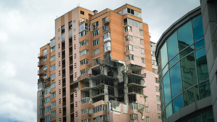 A destroyed residential building in Ukraine after the attack of the Russian army