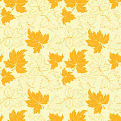 Vector yellow seamless pattern with outline falling golden leaves in doodle flat style. Autumn backgrounds and textures