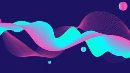 Abstract background with wavy liquid flexible objects in neon colors on a dark blue background. vector illustration.