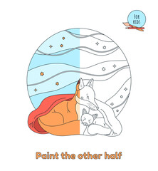 Cute animal concept for children, cartoon style. Coloring page for children and adults. The cute fox and her little fox are sleeping under a red blanket. Paint the other half. Vector illustration.