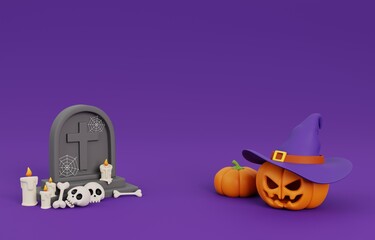 Cartoon happy Halloween with jack o pumpkins lantern, gravestone and other halloween decoration on purple background. 3D render illustration