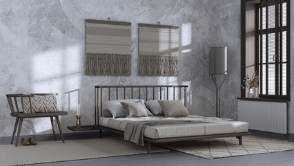 Japandi bedroom in white and dark tones with macrame wall art and wallpaper. Wooden furniture, carpets and double bed. Wabi sabi interior design