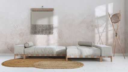 Wabi sabi living room in white and beige tones with decorated plaster wall. Minimalist fabric sofa and macrame wall art. Japandi interior design © ArchiVIZ