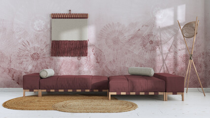 Wabi sabi living room in white and red tones with decorated plaster wall. Minimalist fabric sofa and macrame wall art. Japandi interior design