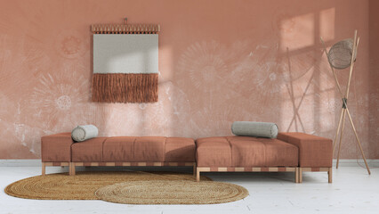 Wabi sabi living room in white and orange tones with decorated plaster wall. Minimalist fabric sofa and macrame wall art. Japandi interior design