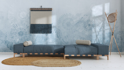 Wabi sabi living room in white and blue tones with decorated plaster wall. Minimalist fabric sofa and macrame wall art. Japandi interior design
