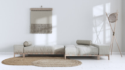 Wabi sabi living room in white and beige tones with plaster wall and bleached wood. Minimalist fabric sofa and macrame wall art. Japandi interior design