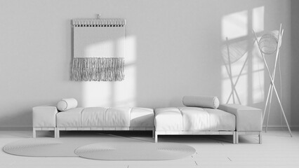 Total white project draft, wabi sabi living room with plaster wall. Minimalist fabric sofa and macrame wall art. Japandi interior design