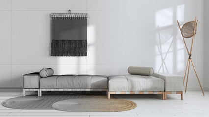Architect interior designer concept: hand-drawn draft unfinished project that becomes real, wabi sabi living room. Minimalist fabric sofa and macrame wall art. Japandi