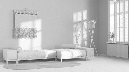 Total white project draft, japandi living room with decorated plaster wall. Minimalist fabric sofa and macrame wall art. Wabi sabi interior design