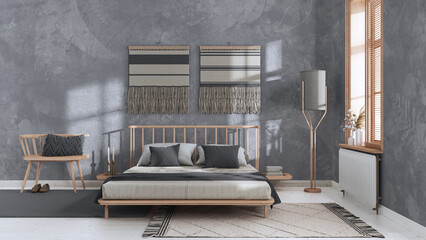 Wabi sabi bedroom in white and gray tones with macrame wall art and wallpaper. Wooden furniture, carpets and double bed. Japandi interior design