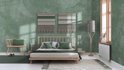 Wabi sabi bedroom in white and green tones with macrame wall art and wallpaper. Wooden furniture, carpets and double bed. Japandi interior design