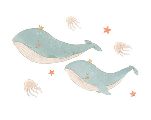 Beautiful baby clip art composition with cute watercolor whales jellyfish and stars. Children stock illustration. © Zenina-Lembrik