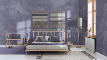 Wabi sabi bedroom in white and purple tones with macrame wall art and wallpaper. Wooden furniture, carpets and double bed. Japandi interior design