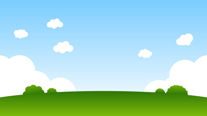 Fototapeta premium landscape cartoon scene with green trees on hills and white fluffy cloud in summer blue sky background 