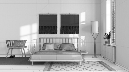 Blueprint unfinished project draft, wabi sabi bedroom with macrame wall art and wallpaper. Wooden furniture, carpets and double bed. Japandi interior design
