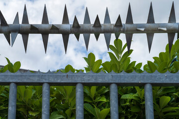 Element of industrial galvanized steel fence and spiked which increases the safety of the place.