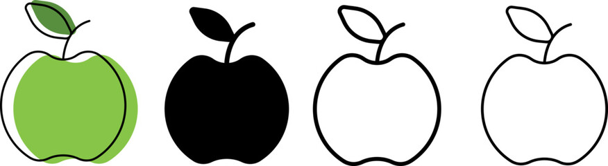 Set of four apples icons. In color, black and linear