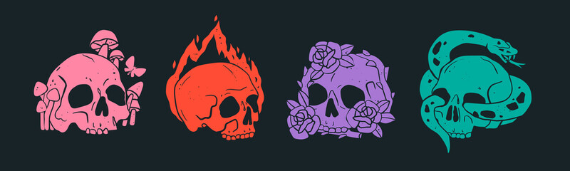 Hand drawn Skulls with roses or peonies, fire, mushrooms, snake. Trendy isolated colorful Vector illustration. Cartoon, vintage style. Poster, tattoo idea, t-shirt print, sticker, logo design template