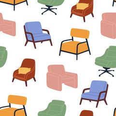 Seamless pattern of different comfortable armchairs. Soft furniture for lounge and relaxation. Hand drawn colored vector illustration isolated on white background. Modern flat cartoon style