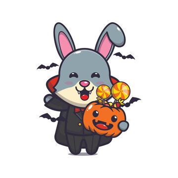 cute vampire rabbit holding halloween pumpkin. Cute halloween animal cartoon illustration.