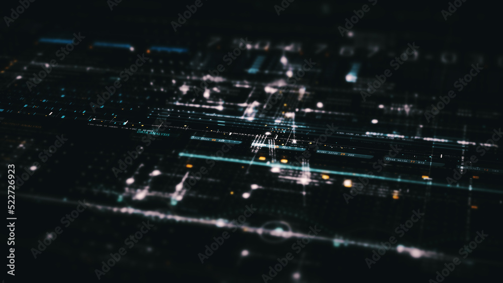 Aufkleber Advance digital generated motion abstract matrix cyber environment big data analytic artificial intelligent metaverse simulation, head up display background