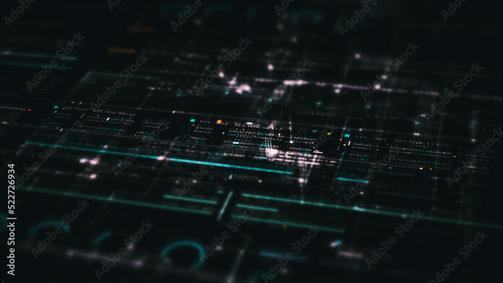 Aufkleber Advance digital generated motion abstract matrix cyber environment big data analytic artificial intelligent metaverse simulation, head up display background