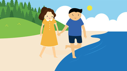 A young couple hold hands on the shore of the lake and go into the water