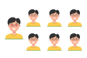 Vector character, avatar, emotions. A set of avatars of a man with different emotions, flat illustration.